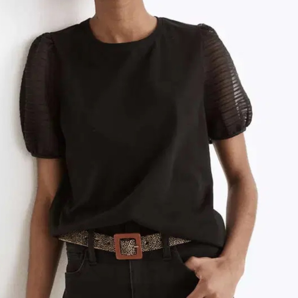 Madewell Sheer Puff Sleeve Black Top